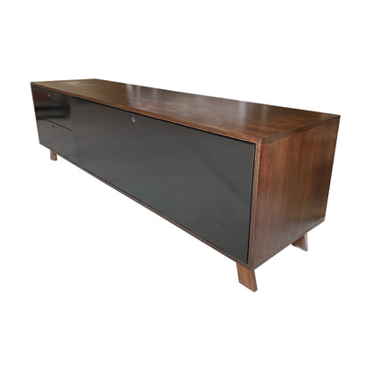 Mueble para TV, vista lateral mostrando la madera nogal y chocolate.