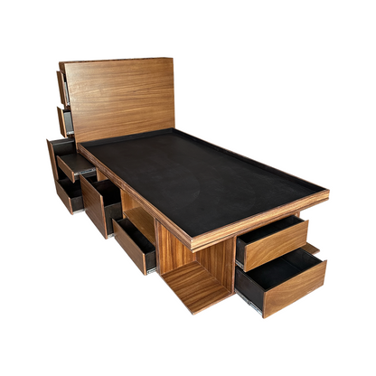 Recámara Oslo Parota Individual, vista de los burós abiertos que están integrados en la base de cama y cabecera.